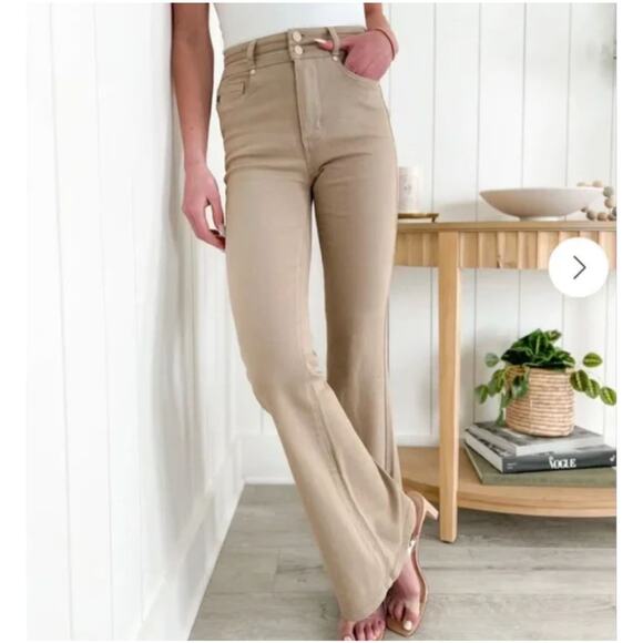 Judy Blue High Rise Double Waistband Flare Pant 7/28 Khaki Denim Tummy Control - Picture 4 of 15